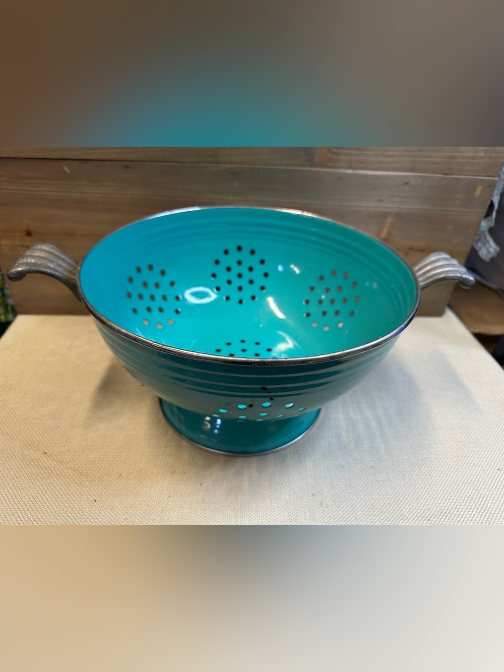 Fiesta Turquoise Enamel Colander 11” Genuine Fiesta Homer Laughlin pewter handle